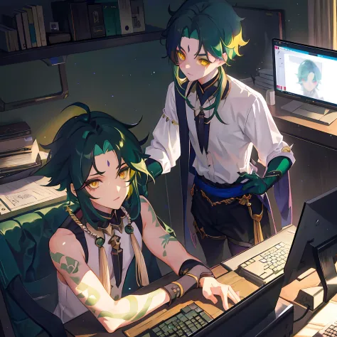 1boys，Dark green hair，Best quality at best，tmasterpiece，Extrem，yellow eyes，malefocus，beautidful eyes，In a messy room，At the computer desk