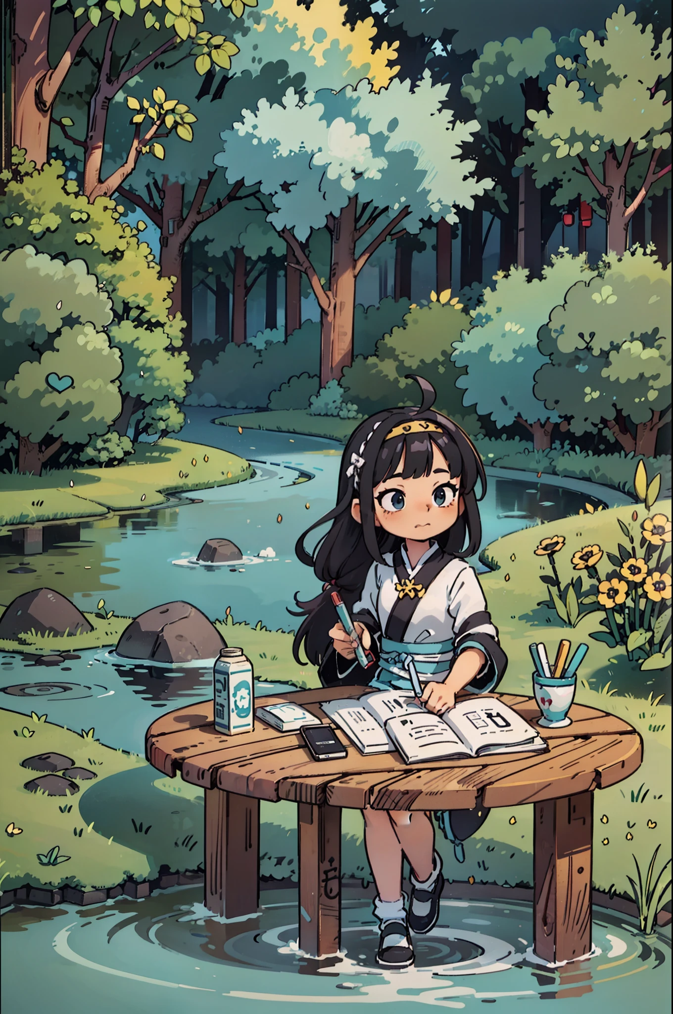 Une fille de dessin animé écrit un livre，En arrière-plan, il y a une rivière, Métaverse moyen, Calligraphie sur table extérieure, écriture de calligraphie, 4K super clair, super clair, super détaillé, flux épique, saule pleureur au bord de la rivière，Cheveux de couleur noire，Cheveux de couleur noire，Vêtements de style chinois，hanfu，Écrire de la calligraphie avec un pinceau