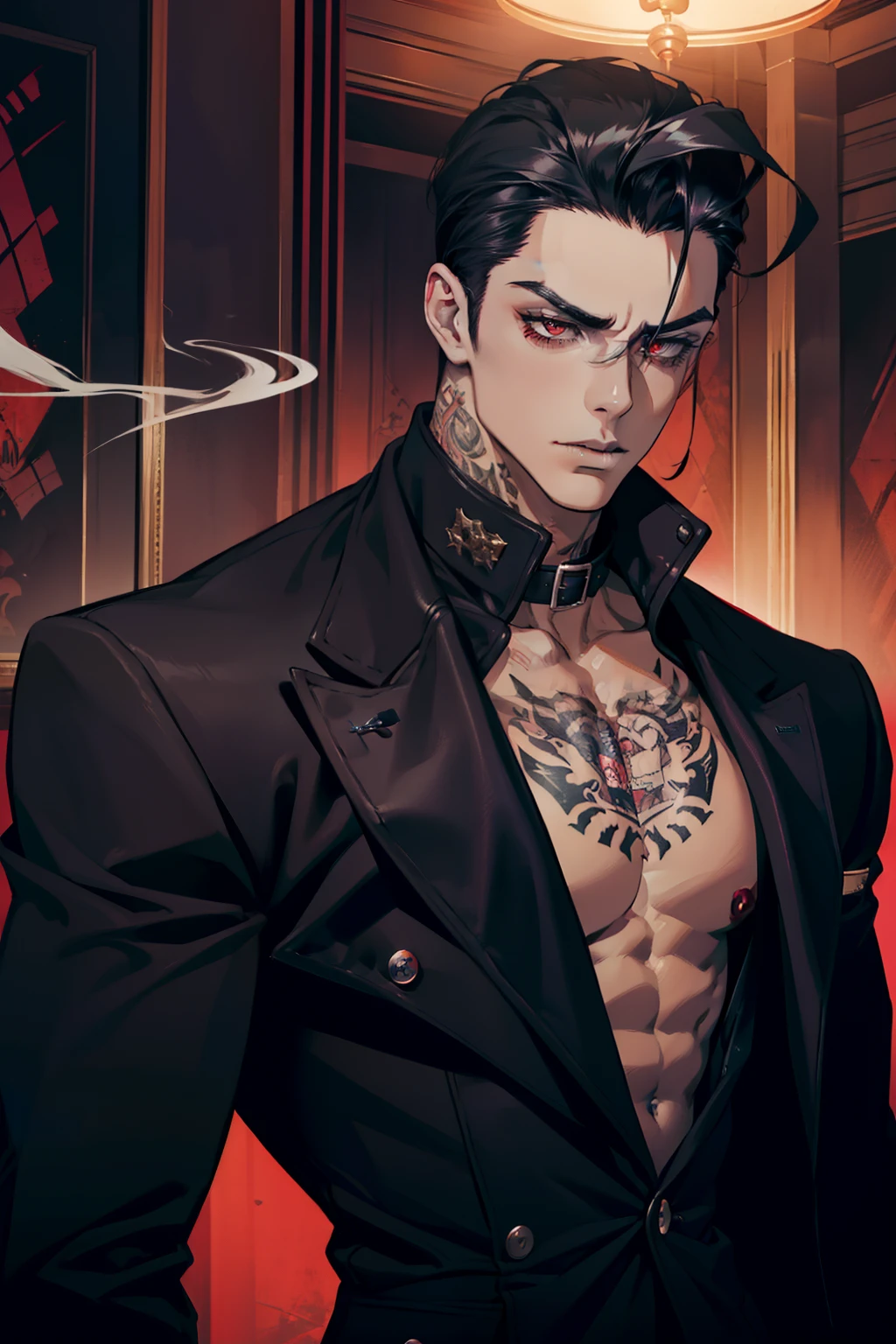 Male Mafia Noir Gambling Vampire dominant alpha gay couple macho sexy handsome demon old men with tattoos big chest big abs slicked back hairstyle smoking red eyes charisma unbutton outfit with abs goth perfect face structure detailed stylized black leather coat