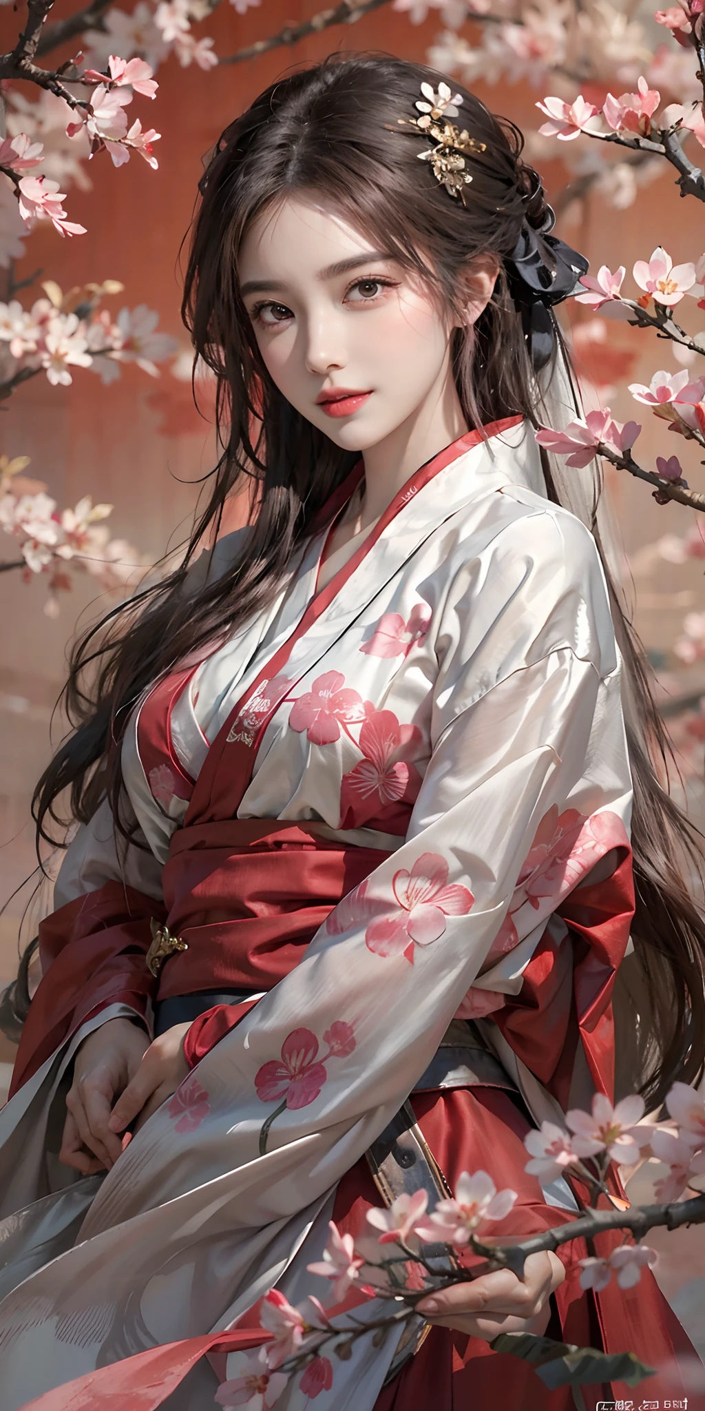 photorealistic, high resolution, soft light,1women, solo, hips up, shining skin, (detailed face),tattoo, jewelry, wedding hanfu, full red clothes, cherry blossom, night, white wavy hair, Beautiful Soldier, Eyes That Invite Viewer, Lover's Perspective, Inviting Expression, Sexy Smile, Perfect Style, Perfect Balance, Detailed Skin, Naughty Gaze, Chest Visible