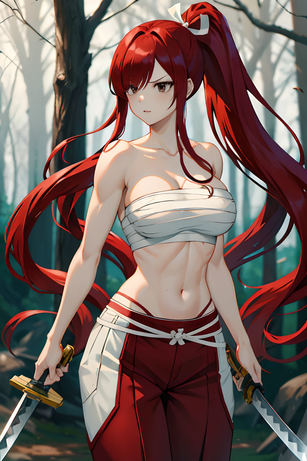 masterpiece, best quality, highres, fairy tail, 1girl, long hair, red hair, ponytail, white ribbon, hair over one eye, brown eyes, large breasts, collarbone, chest sarashi, bandage, bare arms, midriff, red hakama, red pants, standing, holding weapon, sword, katana, outdoors,
