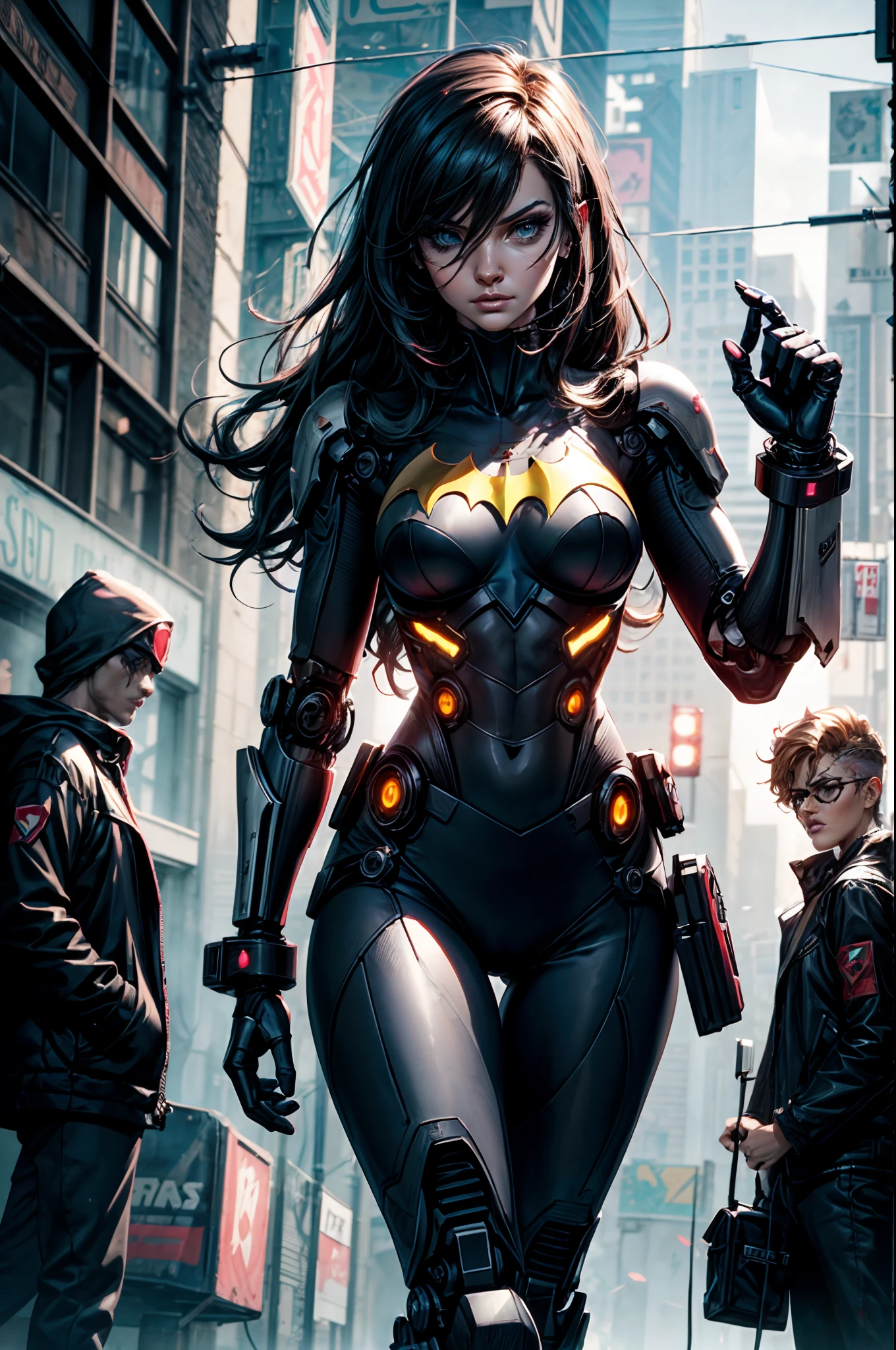 "Escuro_Fantasy Cyberpunk com uma presença robótica cativante: um guardião cibernético e batgirl."