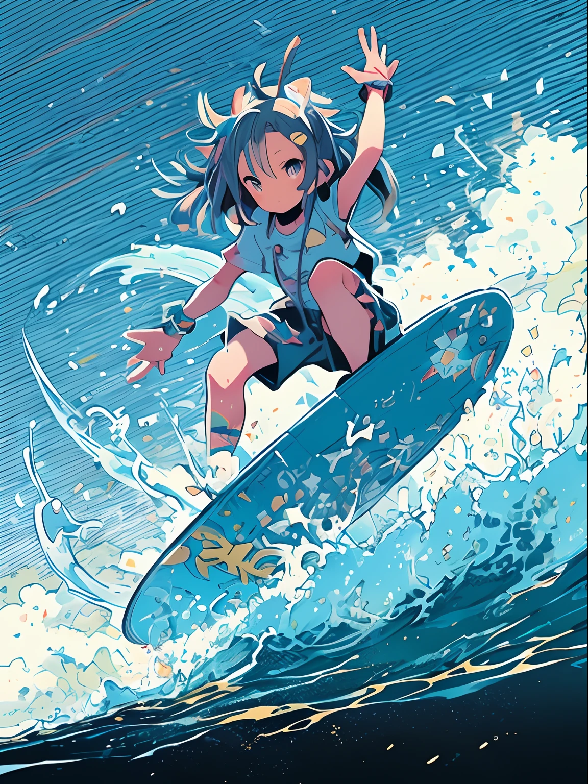 bare-legged、Anime girl on surfboard riding waves in the sea, cushart, cushart kenz, by Yoshihiko Wada, Surfing, expressing joy. by krenz cushart, Lori, Asuka as a surfer model, anime style illustration, Official art, nagatoro, Fubuki, High quality anime art style, hight resolution, anime styled」