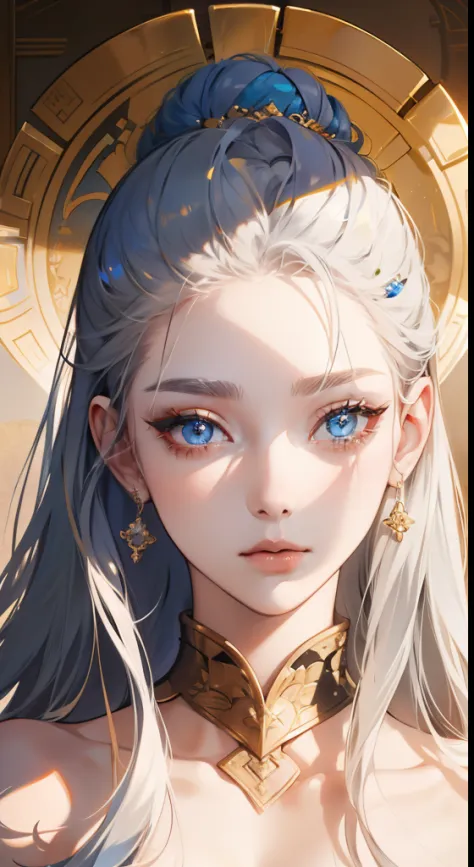 Silver-haired woman、busts、de pele branca、Left and right symmetrical eyes、A detailed eye、Shining sky blue eyes、Gold hair ornament...