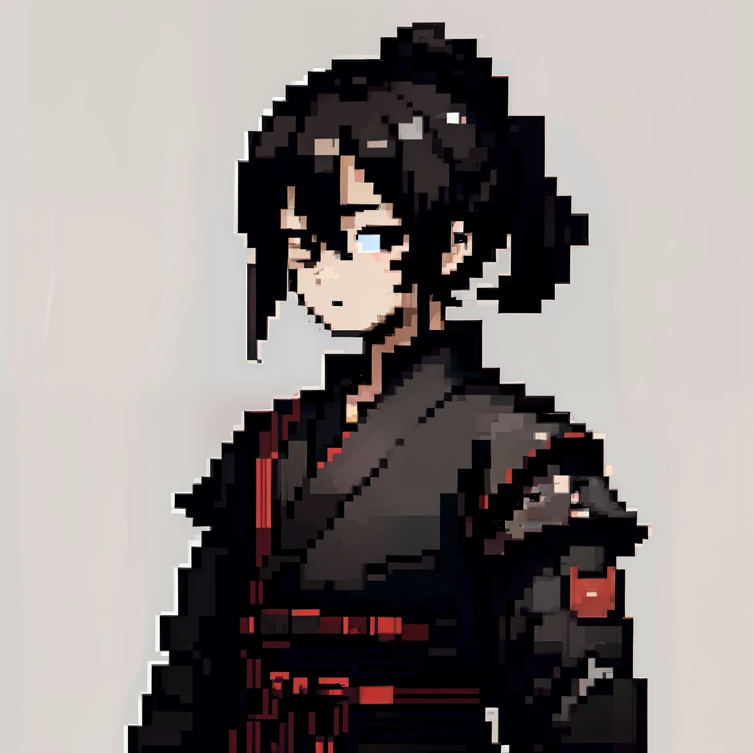 Pixel art, 1boy, solo, looking at viewer, black eyes, black hair, short hair,  pixel, black hair, samurai outfit, (male),madara style hair,long pony tails