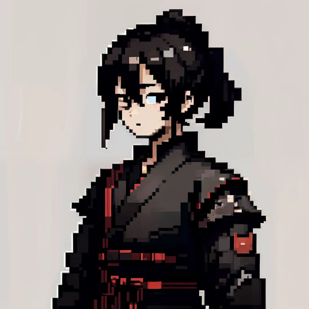 Pixel art, 1boy, solo, looking at viewer, black eyes, black hair, short hair,  pixel, black hair, samurai outfit, (male),madara ...