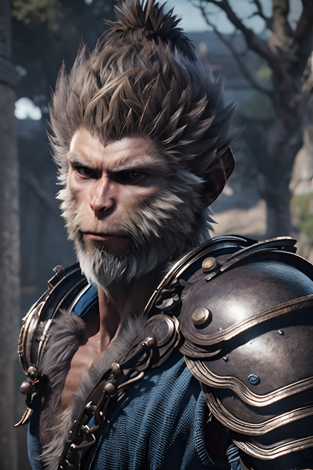 wukong \(black myth\),
1boy, solo, male focus, detailed eyes, shaded face,
fur chest, armor, blue clothes, pauldrons,
unreal engine, 8k, super detail,