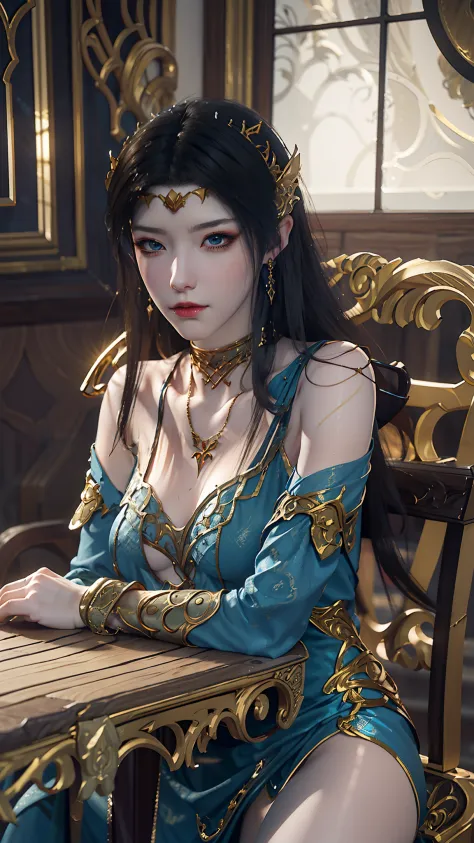 The Arad woman in a blue dress sits at the table, closeup fantasy with water magic, 2. 5 D CGI anime fantasy artwork, Anime fant...