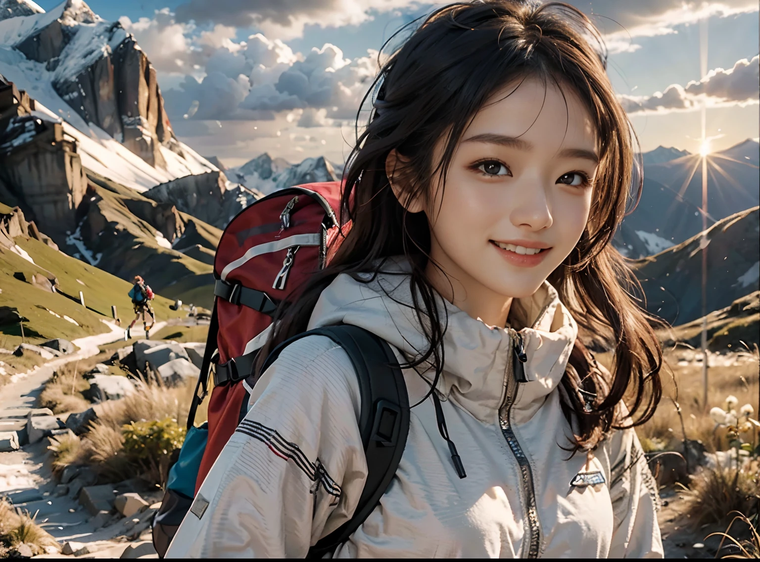 (tmasterpiece、best qualityer、8k wall paper、A high resolution、ultra-realistic realism)、2girls、Whole body from a little distance, facing front、Beautiful face、Beautiful eyes、Beautiful nose、Beautiful mouth、Wear black-eyed patagonia, Carrying a large backpack:1.2、mountain girl style、backpacker, mountaineer, In the middle of climbing、Watching a beautiful sunset、trekking shoes、Half pants、2 girls、2 people、Smiling，Smiling