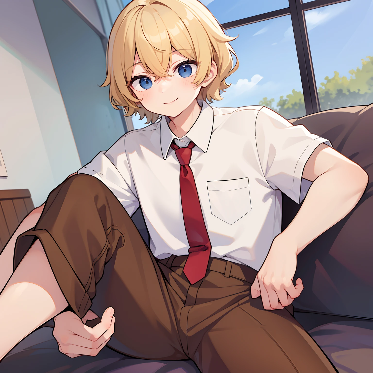 superfine illustration,Animated,1boy, sexy,Yaoi,School,Guy,man,Man's,Short hair,Curly hair,Parted bangs,Blonde hair,Short sleeve,half-pants,Brown pants,Smile,Blue eyes,White skin,White shirt,Red tie,