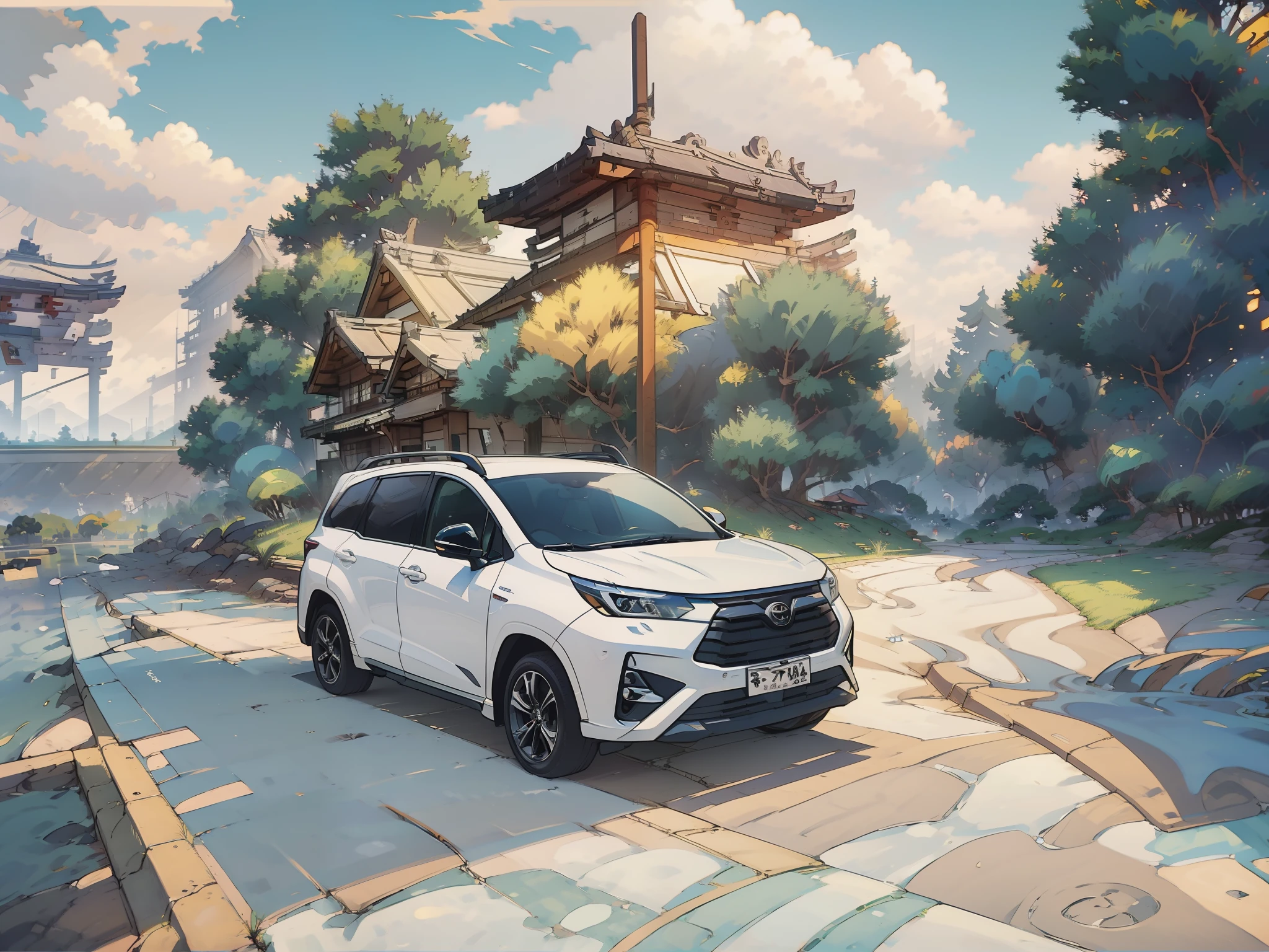 Car parking at the park, Toyota Veloz SUV, best quality, anime style, high highway background, Japan city, japan Park