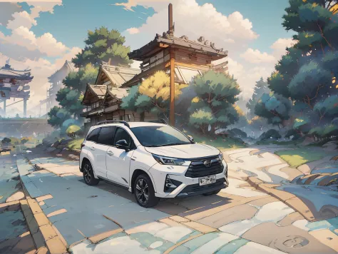 Car parking at the park, Toyota Veloz SUV, best quality, anime style, high highway background, Japan city, japan Park