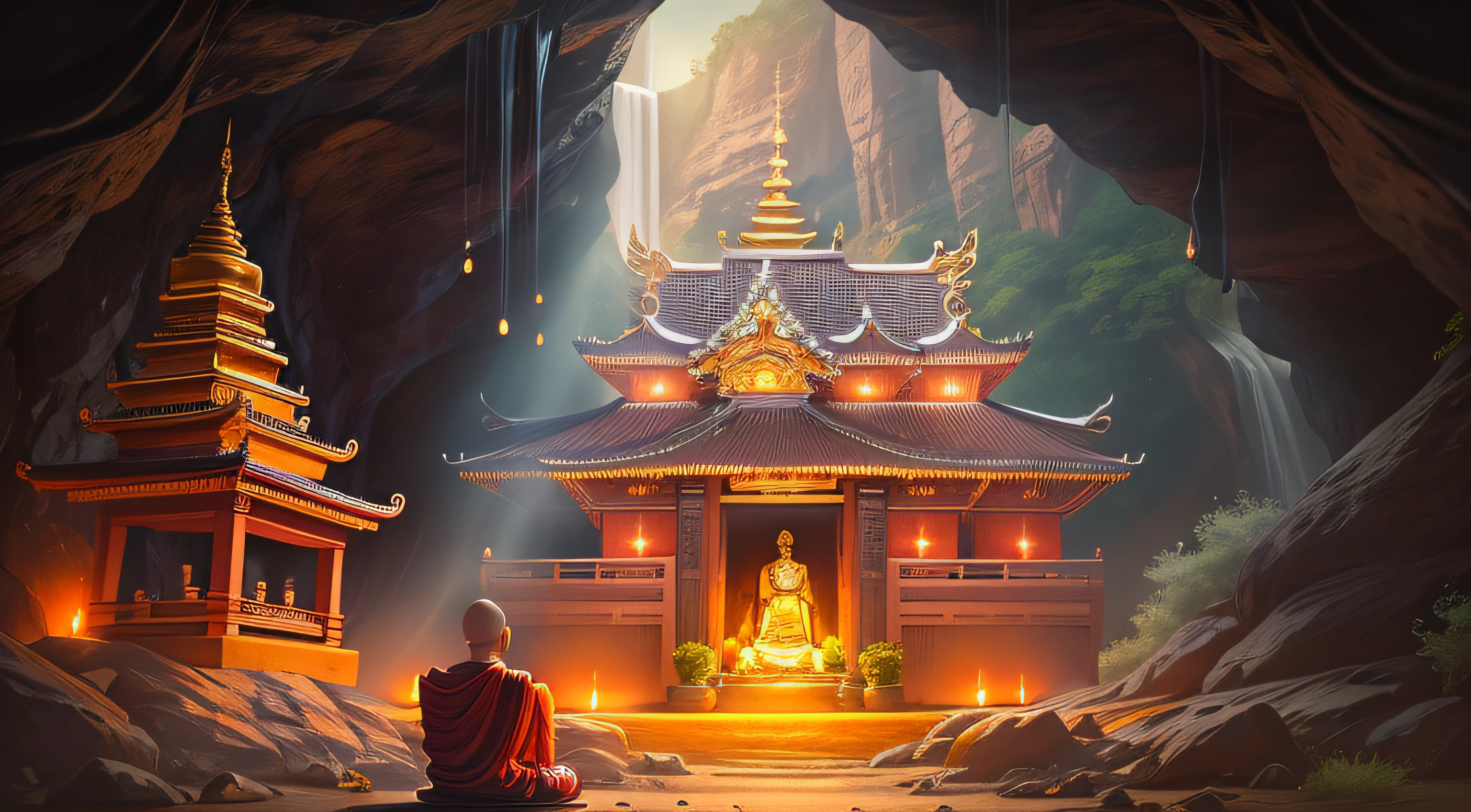 a person sitting in a cave with candles lit up, hindu stages of meditation, monk meditate, meditating, a mystical temple, praying meditating, buddhist monk meditating, glowing temple in the distance, floating in a powerful zen state, buddhism, meditation, buddhist, in a cave with the waterfall, mystical setting, underground temple, mysterious temple setting,