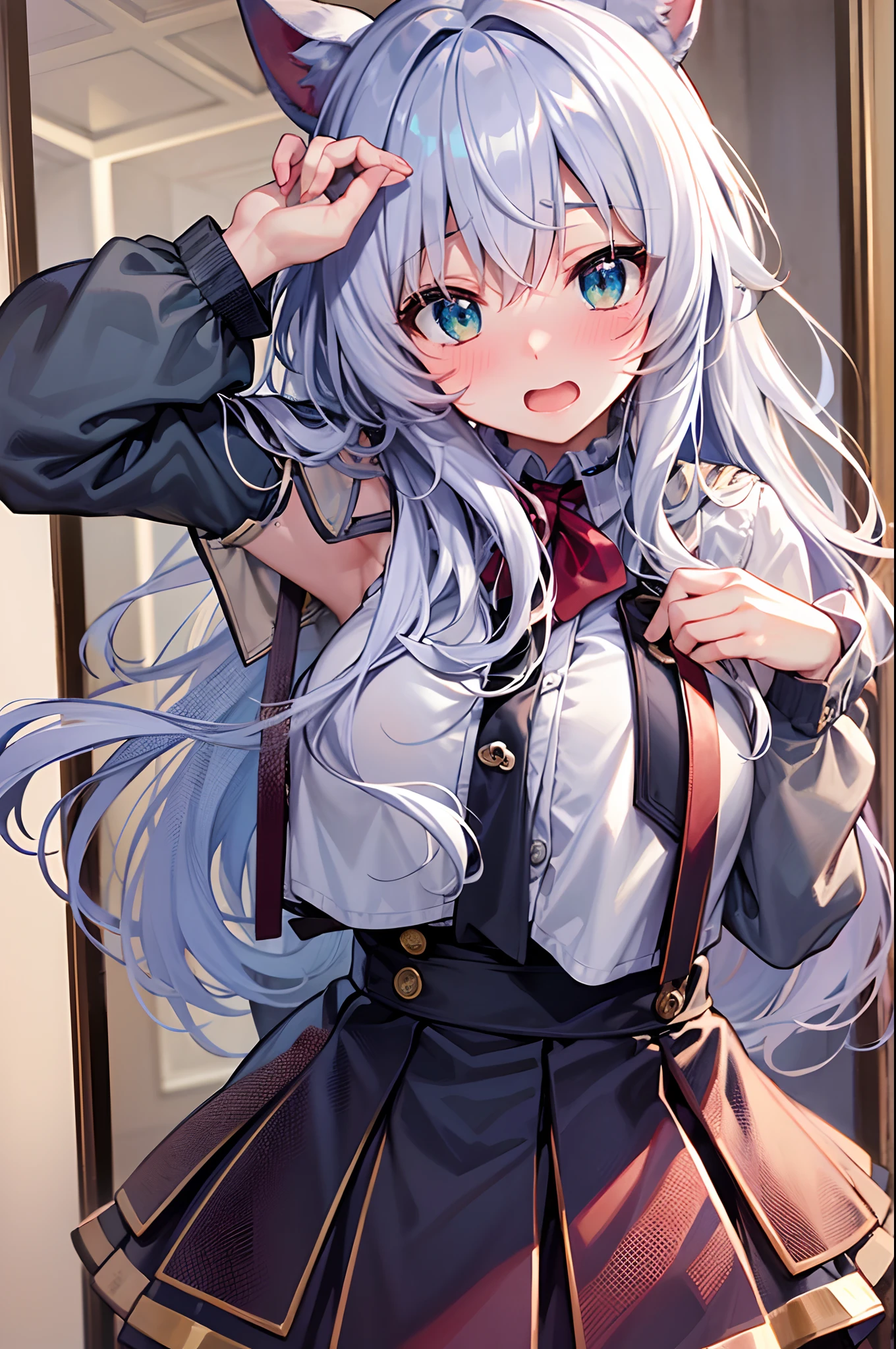 Best Quality, ultra-detailliert, Illustration, silber hair, Aimei,,embarrassed from，red blush，scratching your head，The long-haired，cute  face，beutiful breast，turned around，Suspender Skirt，long-sleeve，Dark blue skirt