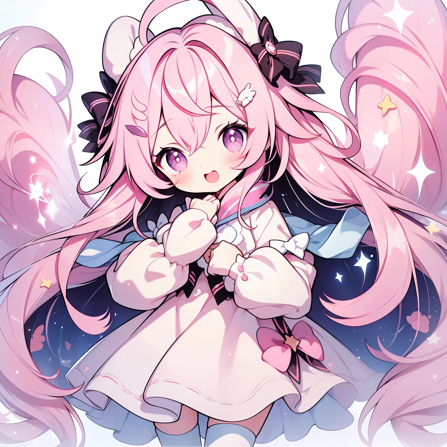 1girll, Animal ears, Pink hair, Long hair, Rabbit, Open mouth, Smile, Rabbit ears, bow, Solo, White background, a sailor suit, Pantyhose, the wall, Pink eyes, view the viewer, :D, full bodyesbian, Simple background, nail polish, streaked, Holding, Arm raised, Star hair ornaments, Hairstyles, Long sleeves, Puffy sleeves, Watercolor shoes, shoes, Pink footwear, White socks，Jumps, Animal, Blush, argyle, Star (symbol), holding wand, Very long hair, ribbon,