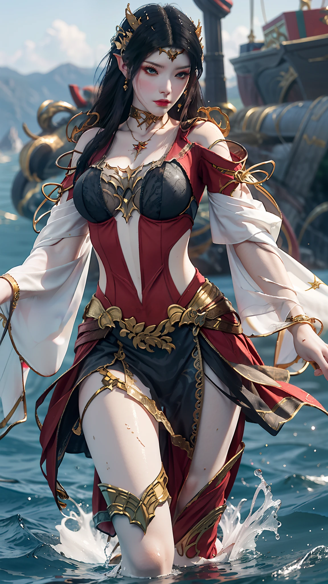 Arapei in einem blau-weißen Kleid stand im Wasser, Anime-Mädchen läuft auf dem Wasser, Nahaufnahme Fantasie mit Wassermagie, azur lane style, Trends auf cgstation, Anime-Mädchen-Cosplay, Seraphine Ahri KDA, Splash Art Anime , Trends bei cgstation, realistisches Wasser, Wasserfee, WLOP und Sakimichan