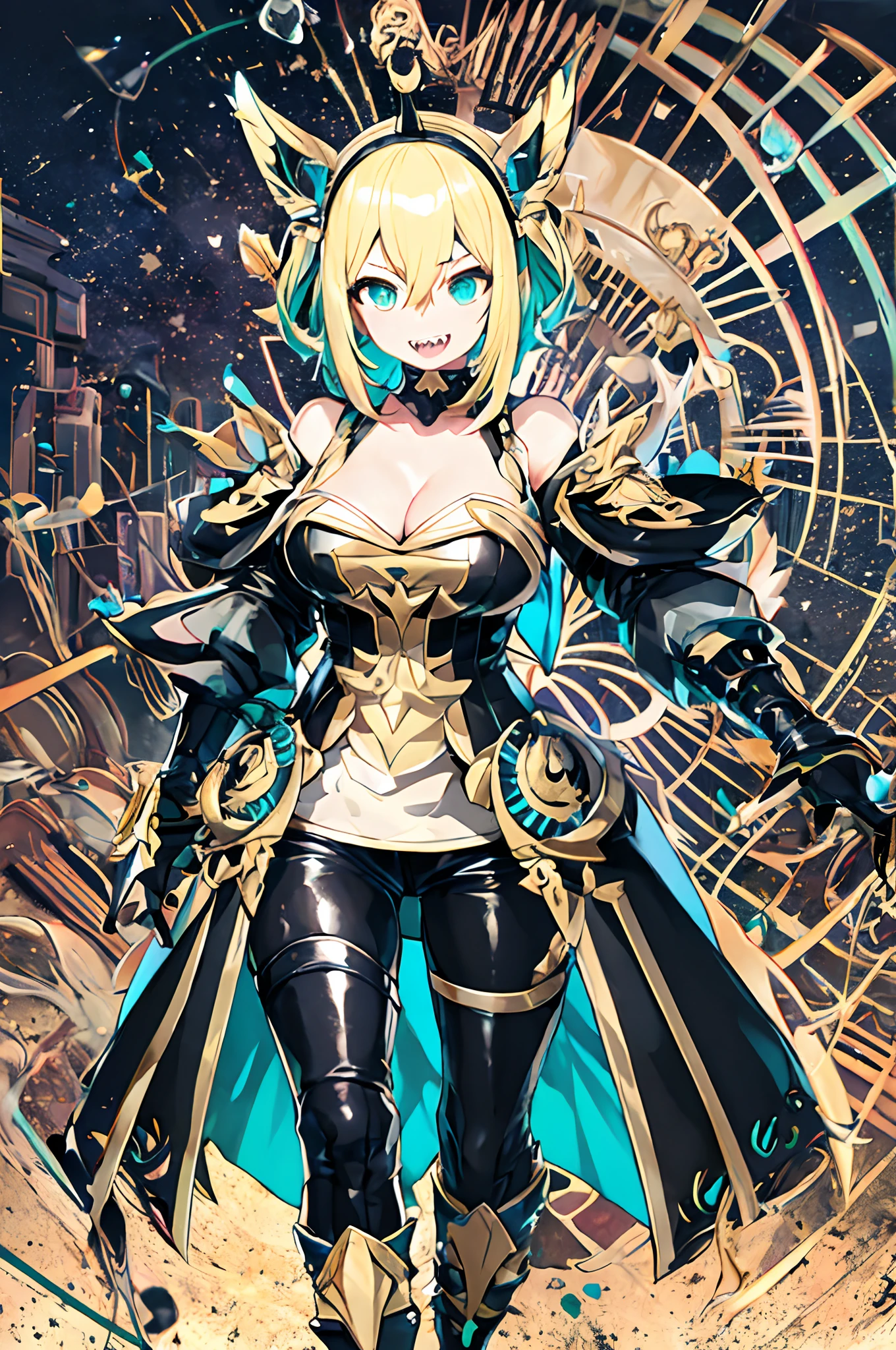 amano pikamee, 1girl, virtual youtuber, solo, sharp teeth, teeth, blonde hair, multicolored hair, hairband,t, two-tone hair, bright pupils, white pupils, breasts, gradient, collarbone, bangs, yellow background, bare shoulders, gradient background, green eyes, black shorts, hair between eyes, green hair, cleavage, short hair,(icone de um jogo), (icone de peitoral : 1.5), um peitoral , peitoral marrom, chest plate, peitoral pesada marrom, peitoral grosso, peitoral de Armadura intrincada, peitoral de armadura de fantasia pesada, peitoral detalhado, armadura ornamentada, peitoral de Armadura Paladina, peitoral dearmadura de batalha, intrincada peitoral, full body walking