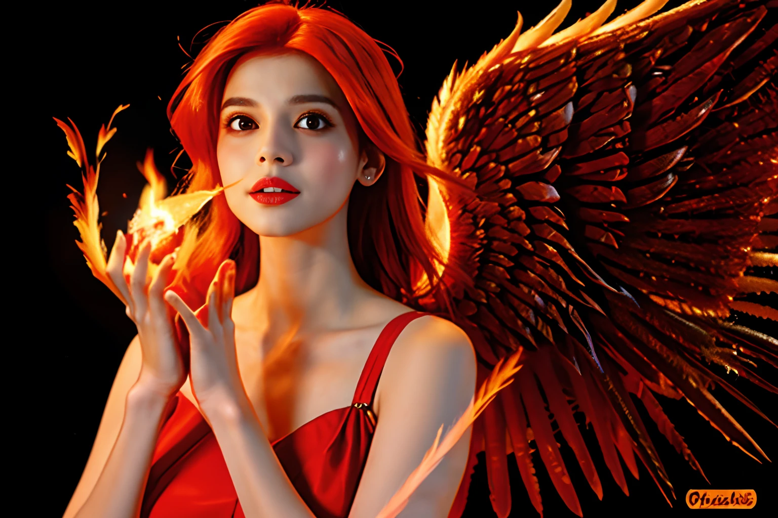 A beautiful angel, with red hair turning to fire, An angel woman, (((pechos grandes, An angel with wings of fire))), Transmite calidez y paz, papel tapiz, 8k, Detalles intrincados, obra-prima