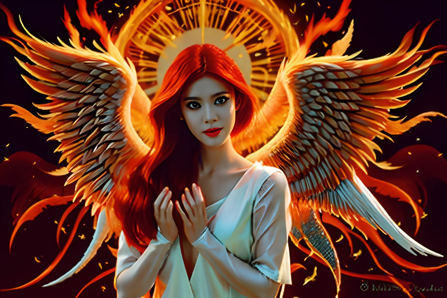 Um lindo anjo, com cabelos ruivos virando fogo, Uma mulher anjo, (((seios grandes, Um anjo com asas de fogo))), Transmite calor e paz, papel de parede, 8k, detalhes intrincados, obra-prima