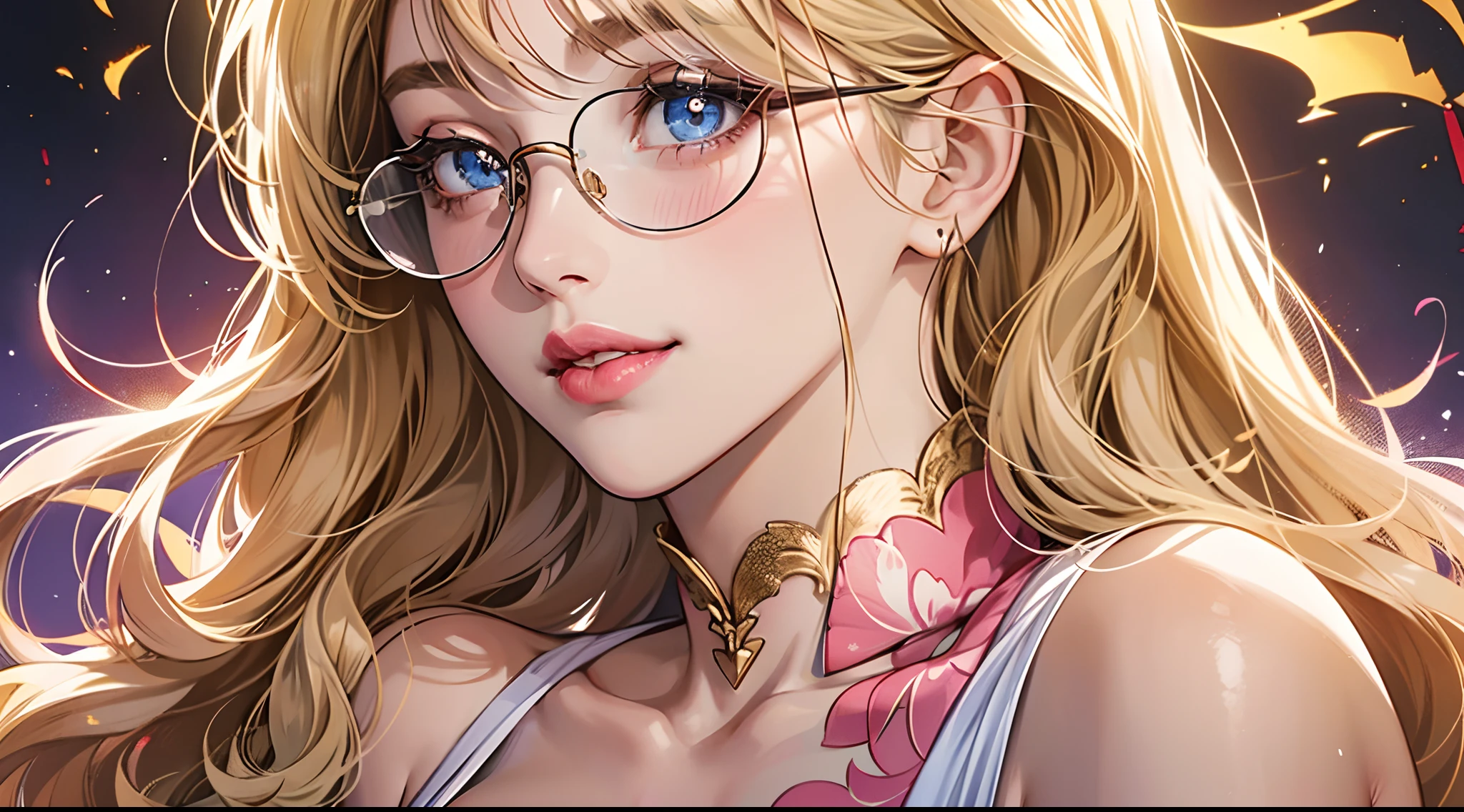 Anime girl with glasses and a pink dress with a gold crown - SeaArt AI