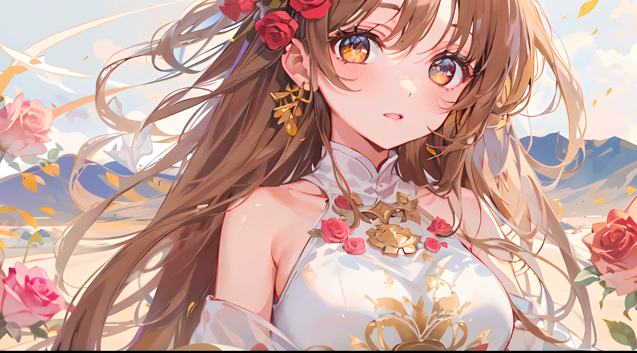 Masterpiece quality，The best quality assurance。A brown hair、Cute girl with golden eyes。Tsundere，Exudes magic，With a rose headdress，Long hair flutters in the wind，naughty big breasts，White sportswear，Genki girl，Behind it is the desert