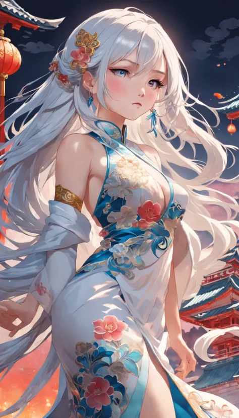 Royal Sister，Cold and glamorous，Raised sexy，on cheongsam，Embroidery，(1girll，White color hair，closeup cleavage， colorfull long hair, Oriental elements)，(Super refined，Chinese illustration:1.3，paper art:1.3, Quilted paper art:1.2),( reasonable design, Clear ...