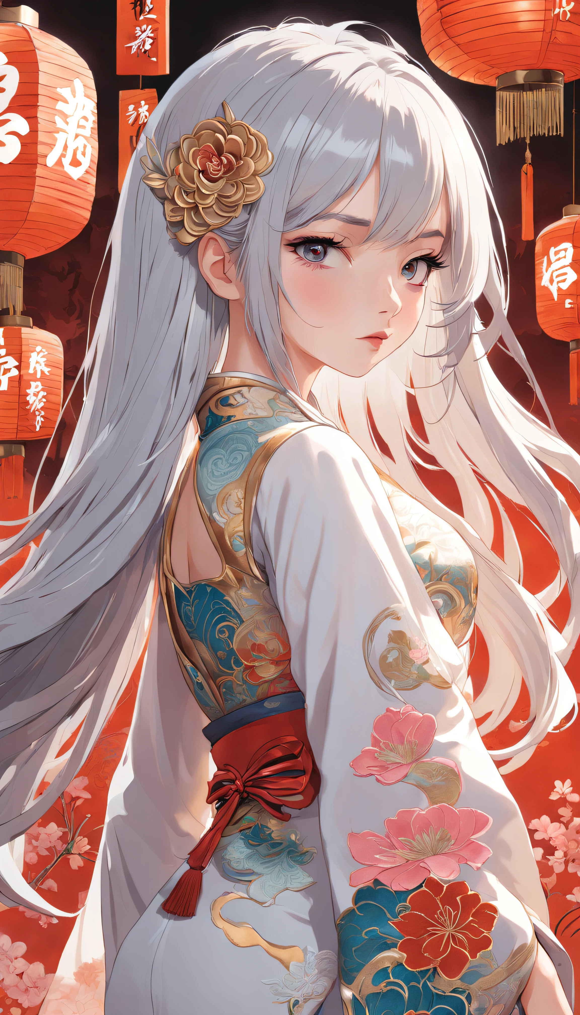 Royal sister，Cold and glamorous，Raised sexy，on cheongsam，Embroidery，(1girll，White color hair，closeup cleavage， colorfull long hair, Oriental elements)，(Super refined，Chinese illustration:1.3，paper art:1.3, Quilted paper art:1.2),( reasonable design, Clear lines, High sharpness,Best quality, Very detailed, Masterpiece, movie light effect, 4K )