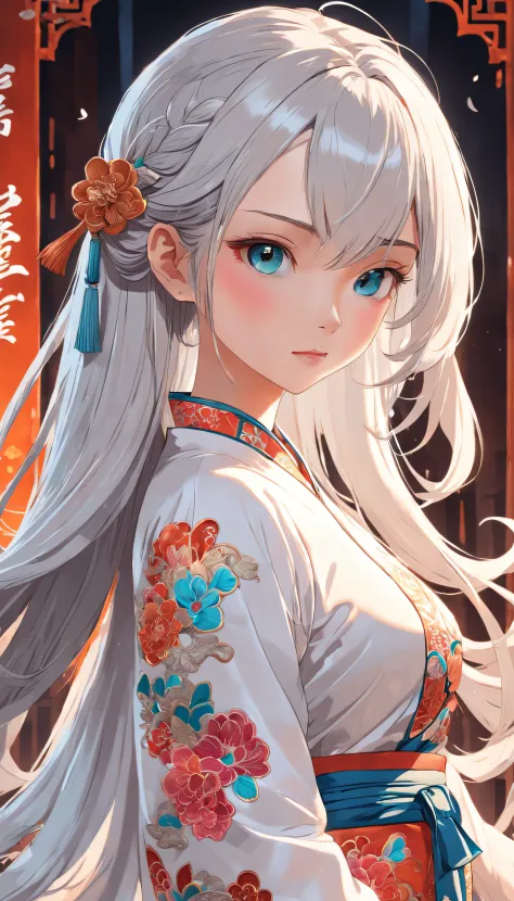 Royal Sister，Cold and glamorous，Raised sexy，on cheongsam，Embroidery，(1girll，White color hair，closeup cleavage， colorfull long hair, Oriental elements)，(Super refined，Chinese illustration:1.3，paper art:1.3, Quilted paper art:1.2),( reasonable design, Clear ...