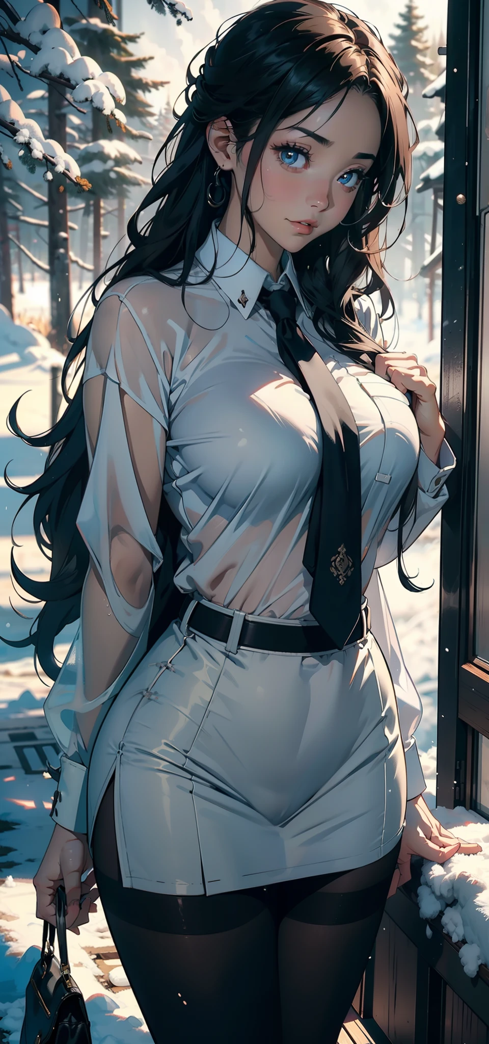 1female，25 age old，Large breasts，Pornographic exposure， solo，（Background with：ports，coniferous forest，at winter season，Snow on the ground） with his long black hair， nakeness，Bikini，standing on your feet，Sweat profusely，drenched all over the body，seen from the front， curlies， mostly cloudy sky，（（（tmasterpiece），（Very detailed CG unity 8K wallpaper），best qualtiy，cinmatic lighting，detailed back ground，beatiful detailed eyes，Bright pupils，（Very fine and beautiful），（Beautiful and detailed eye description），ultra - detailed，tmasterpiece，）），facing at camera，A high resolution，ultra - detailed），revealing breasts，Bare genitals， Bulge，Camel toes，Raised sexy，Flushed complexion，Open-mouthed，frontage，（Wearing：White shirt，black necktie，JK skirt，Pantyhose）