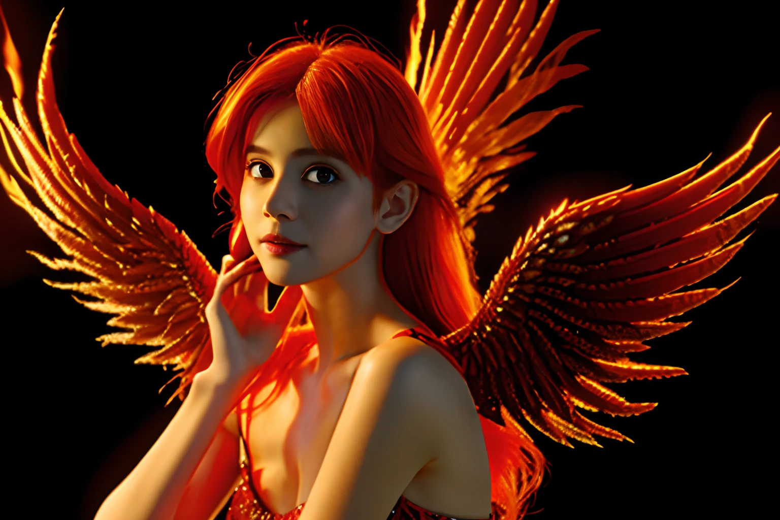 A beautiful angel, with red hair turning to fire, An angel woman, (((pechos grandes, An angel with wings of fire))), Transmite calidez y paz, papel tapiz, 8k, Detalles intrincados, obra-prima