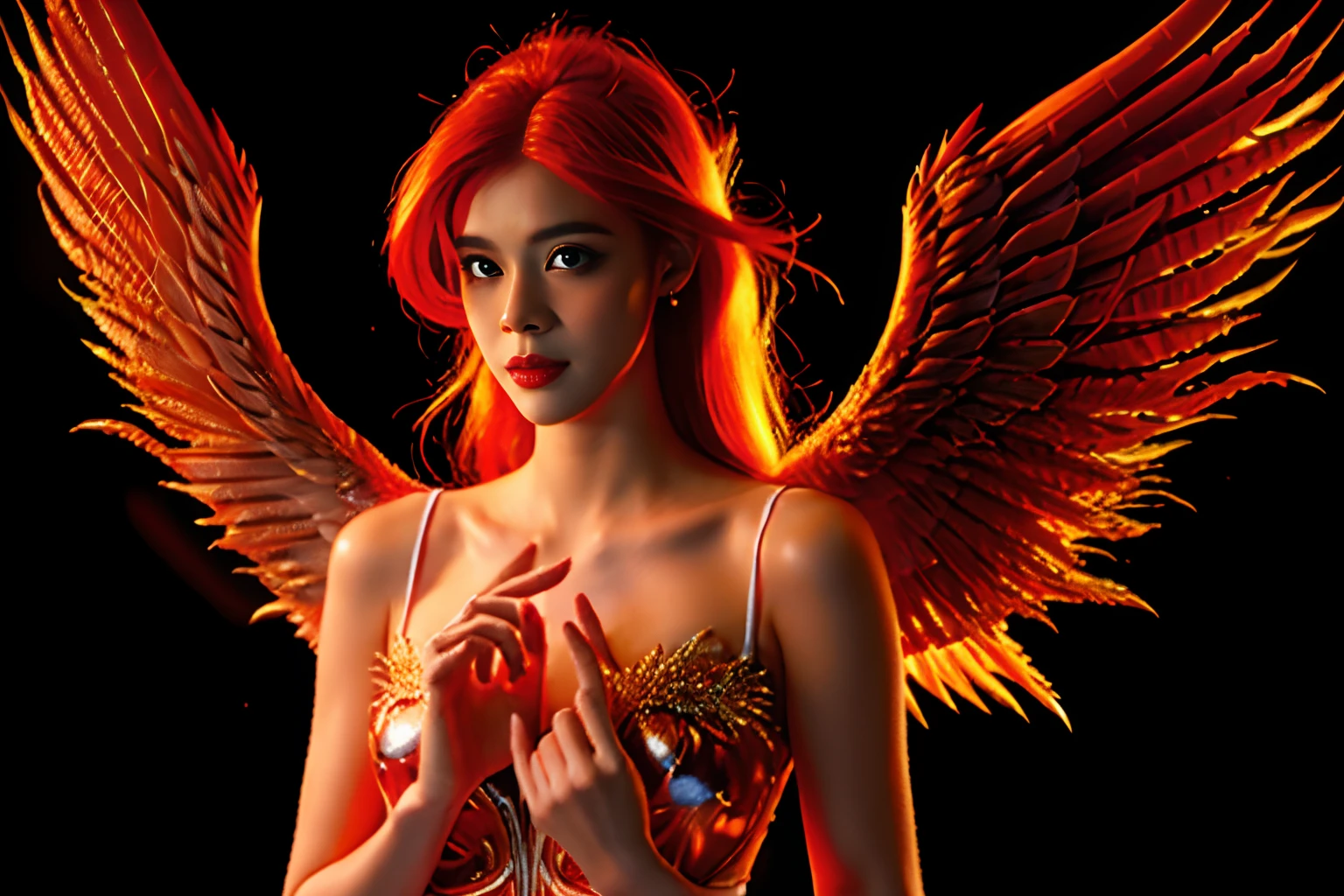 Ein wunderschöner Engel, mit roten Haaren, die sich in Feuer verwandeln, Eine Engelsfrau, (((große Brüste, Ein Engel mit Flügeln aus Feuer))), Vermittelt Wärme und Frieden, Hintergrund, 8k, komplizierte Details, erste Arbeit