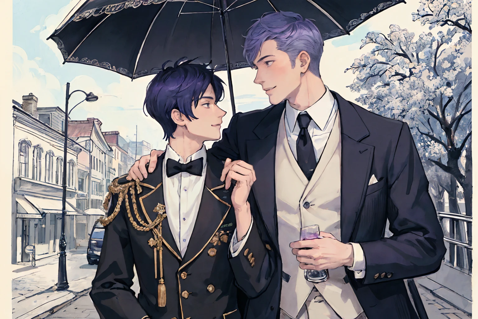 Anime couple in formal attire standing under umbrella in city street -  SeaArt AI