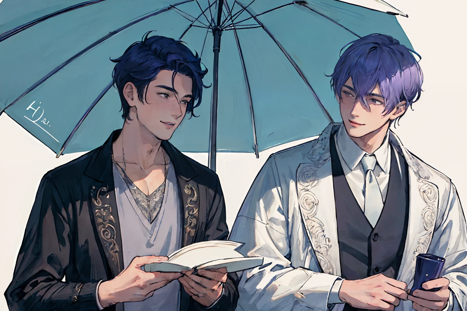 Two men with purple hair and black jackets holding open books - SeaArt AI