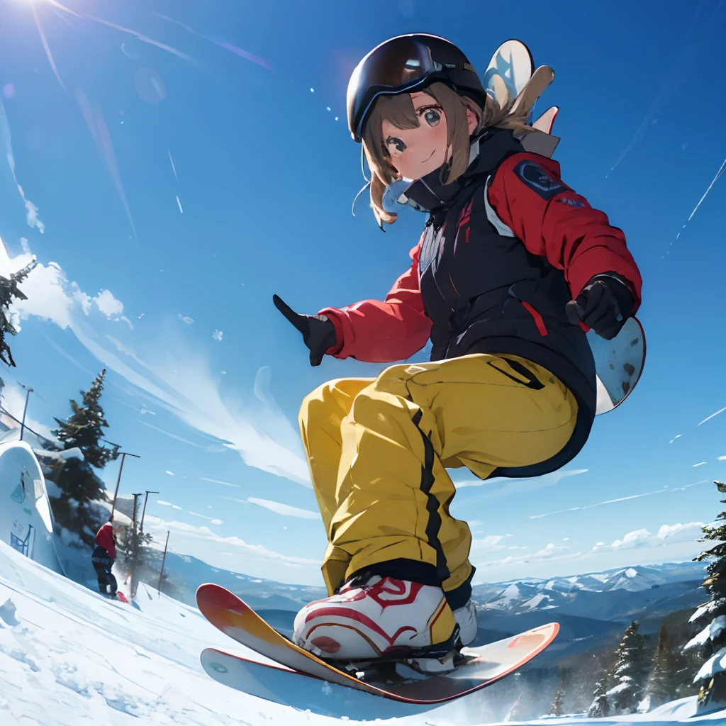 masutepiece, Best Quality, 8K_Wallpaper, (Beautiful eyes), ((of the people around２Glide twice as fast)), Cute, (Yellow Wear、Outerwear is blue、Red pants),1girl in,,1 、Smile,()、(((Glide from the summit)))、Ski resort on a sunny day、snow board、(((A girl is snowboarding down a slope)))(((Wear a snowboard)))、