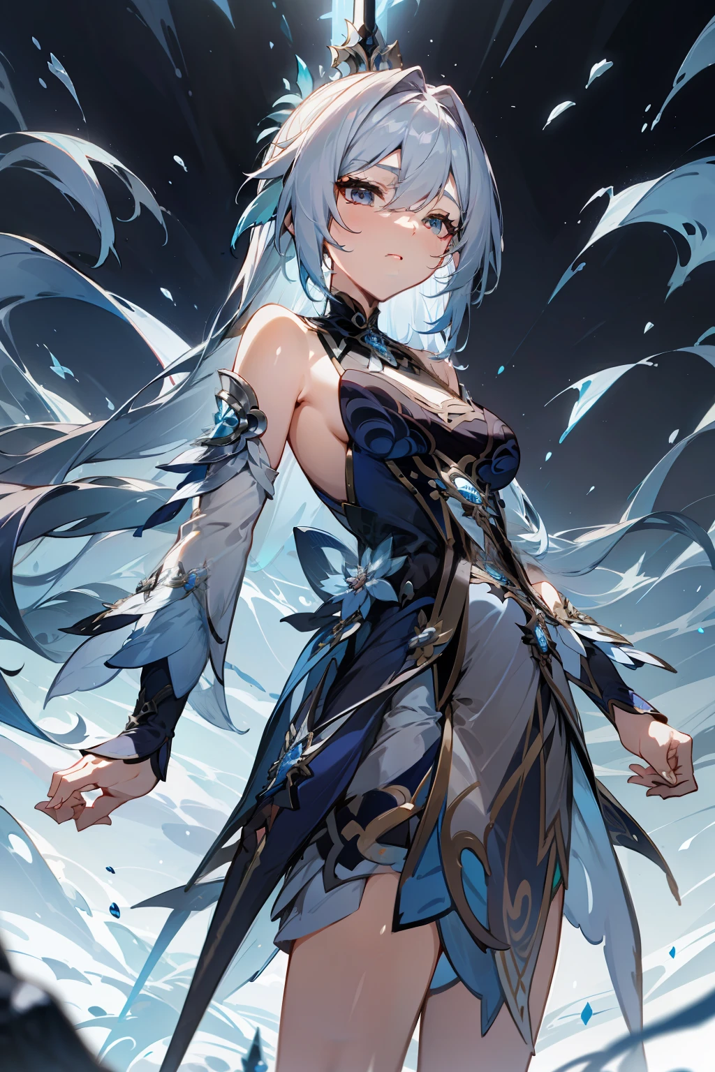 Menina do anime com cabelo prateado longo, usando um vestido azul escuro de ombro aberto, em frente a um castelo, espadachim angelical bonito, Imagem de estilo de Genshin Impact.