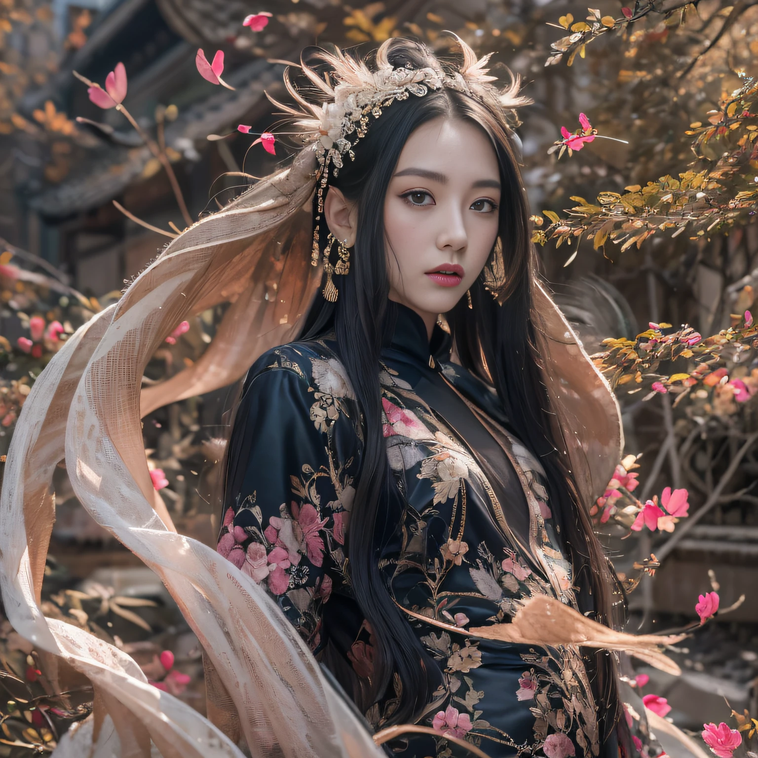 32K（tmasterpiece，k hd，hyper HD，32K）Long flowing black hair，ponds，zydink， a color，  Xuzhou people （Slightly drunk girls）， （Rouge scarf）， Combat posture， looking at the ground， long whitr hair， Floating hair， Carp pattern headdress， Chinese long-sleeved taupe pink garment， （Abstract gouache splash：1.2）， Pink petal background，Pink and white lotus flowers fly（realisticlying：1.4），Black color hair，Fallen leaves flutter，The background is pure， A high resolution， the detail， RAW photogr， Sharp Re， Nikon D850 Film Stock Photo by Jefferies Lee 4 Kodak Portra 400 Camera F1.6 shots, Rich colors, ultra-realistic vivid textures, Dramatic lighting, Unreal Engine Art Station Trend, cinestir 800，Long flowing black hair，see-through transparent clothes