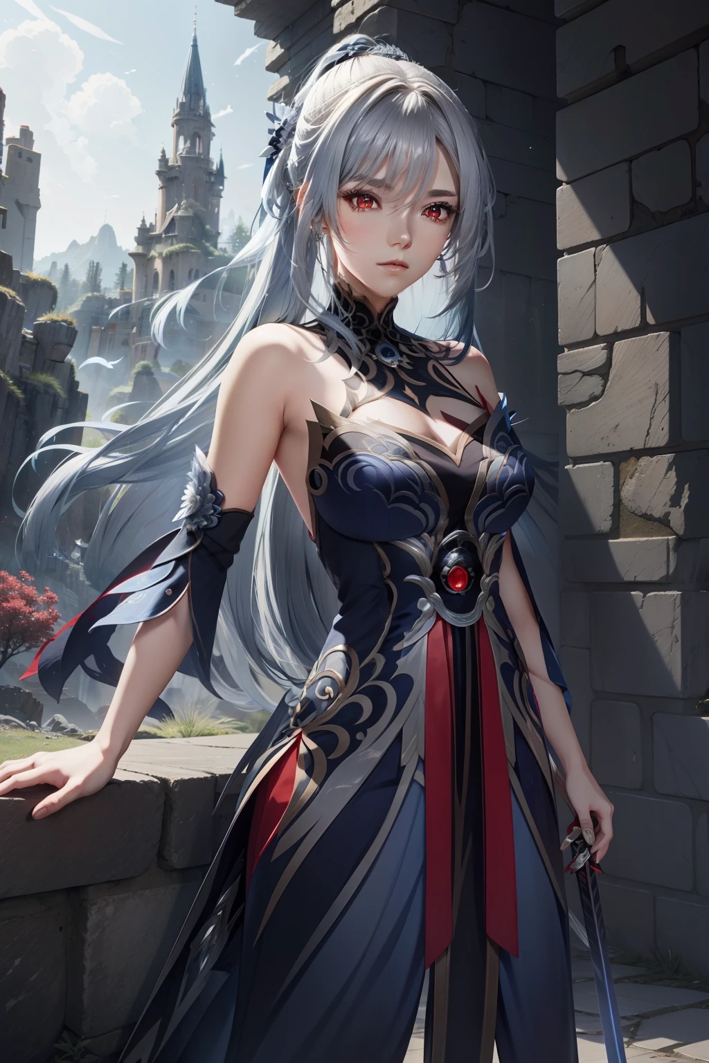 Menina do anime com cabelo prateado longo, olhos vermelhos, usando um vestido azul escuro de ombro aberto, em frente a um castelo, espadachim angelical bonito, Imagem de estilo de Genshin Impact.