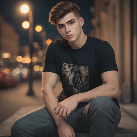 Photo model young man with black t-shirt, sitting, fashion, soft lighting, vibrant colors, masterpiece, ((streets)), night, deta...