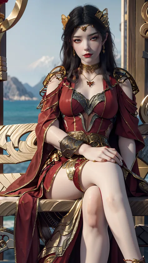 the araved woman in a dress sits on a red bench by the water, a photorealistic painting inspired by magali villeneuve, cgsociety...