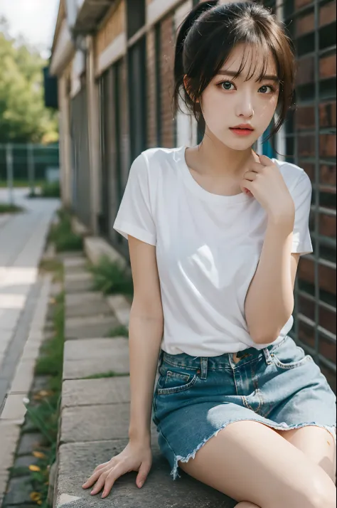 (highest quality, hight resolution, masterpiece:1.3) dusk, sunset, A girl, 19years old, short cut, ponytail, white shirt, White sneakers, denim miniskirt, realisitic, ultra-detailliert, Slimed, BREAK Sitting on the riverbank, with her cheeks in her hands, ...