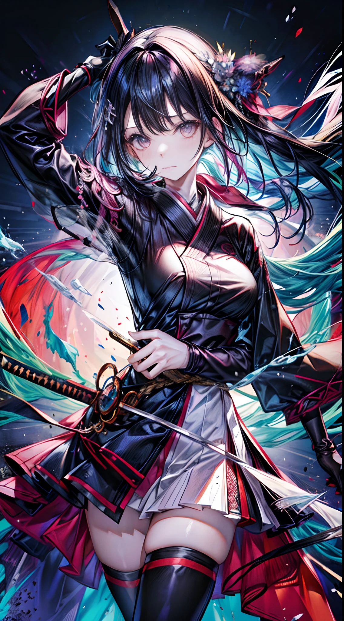 Colorful, Best Quality, masutepiece, hight resolution, Original, highly detailed wallpaper,1girl in, Bangs, Black_hair, breasts, Closed_Mouth, gloves, hair_ornament detached, Holding a Japan sword in his right hand, katanas, long_hair, long_sleeves, up looking_で_viewer, Multicolored_hair,  scabbard, Solo, unsheathing, The upper part of the body_Body, ,Perfect_Hands,Honggui