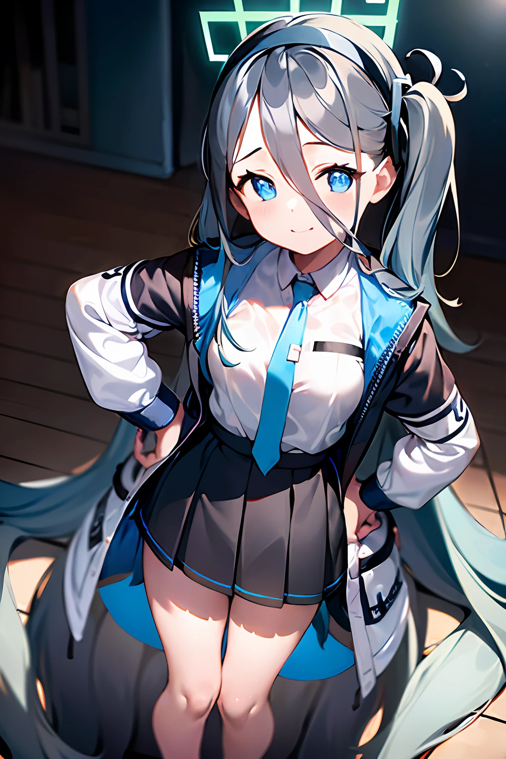 blue archive.Tendo Alice.put hands on the hip.up chest.large full breasts.look from above.(pigtails hair),(length hair),(long bangs),(black hairband),(long court),(student clothes),(White long-sleeved shirt),(pleatedskirt),(Navy blue skirt),blue tie.short stature.