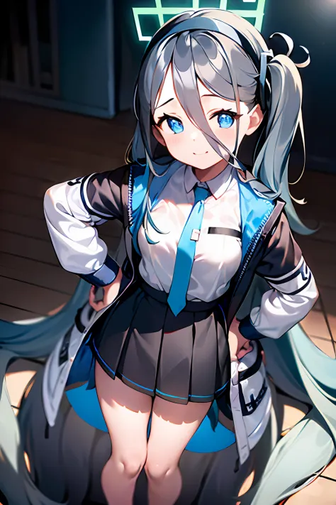 blue archive.Tendo Alice.put hands on the hip.up chest.large full breasts.look from above.(pigtails hair),(length hair),(long bangs),(black hairband),(long court),(student clothes),(White long-sleeved shirt),(pleatedskirt),(Navy blue skirt),blue tie.short ...