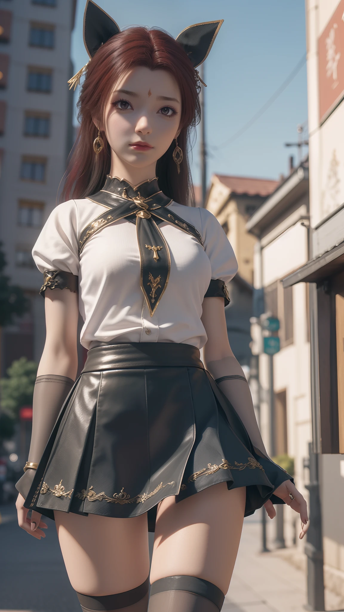 Arad woman poses for a photo in a short skirt and white shirt, Surrealism female students, Surrealism female students, Realistic schoolgirl, photorealistic anime girl rendering, thighhighs and skirt, 3 d anime realistic, small curvaceous loli, wearing skirt and high socks, Photorealistic anime, cute female student, Realistic anime 3 D style, Female Student