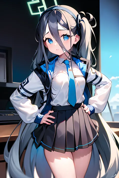 blue archive.Tendo Alice.put hands on the hip.up chest.large full breasts.look from above.(pigtails hair),(length hair),(long bangs),(black hairband),(long court),(student clothes),(White long-sleeved shirt),(pleatedskirt),(Navy blue skirt),blue tie.short ...