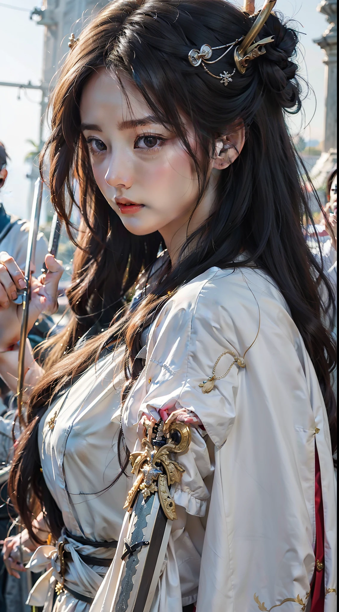 a woman in a white dress holding a sword in a crowd, palace ， a girl in hanfu, flowing hair and long robes, beautiful character painting, by Yang J, anime girl with long hair, guweiz, holding a sword on her shoulder, female anime character, she is holding a katana sword, artwork in the style of guweiz