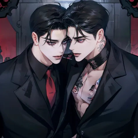 mafia noir casino gambling bar vampire dominant alpha gay couple macho sexy handsome demon adult men with tattoos big chest big ...