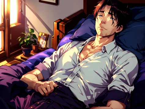 Anime man lying in bed，hands on the chest, Anime haggard man, stubbles，tire，weak，anime pose, kentaro miura art, handsome guy in ...