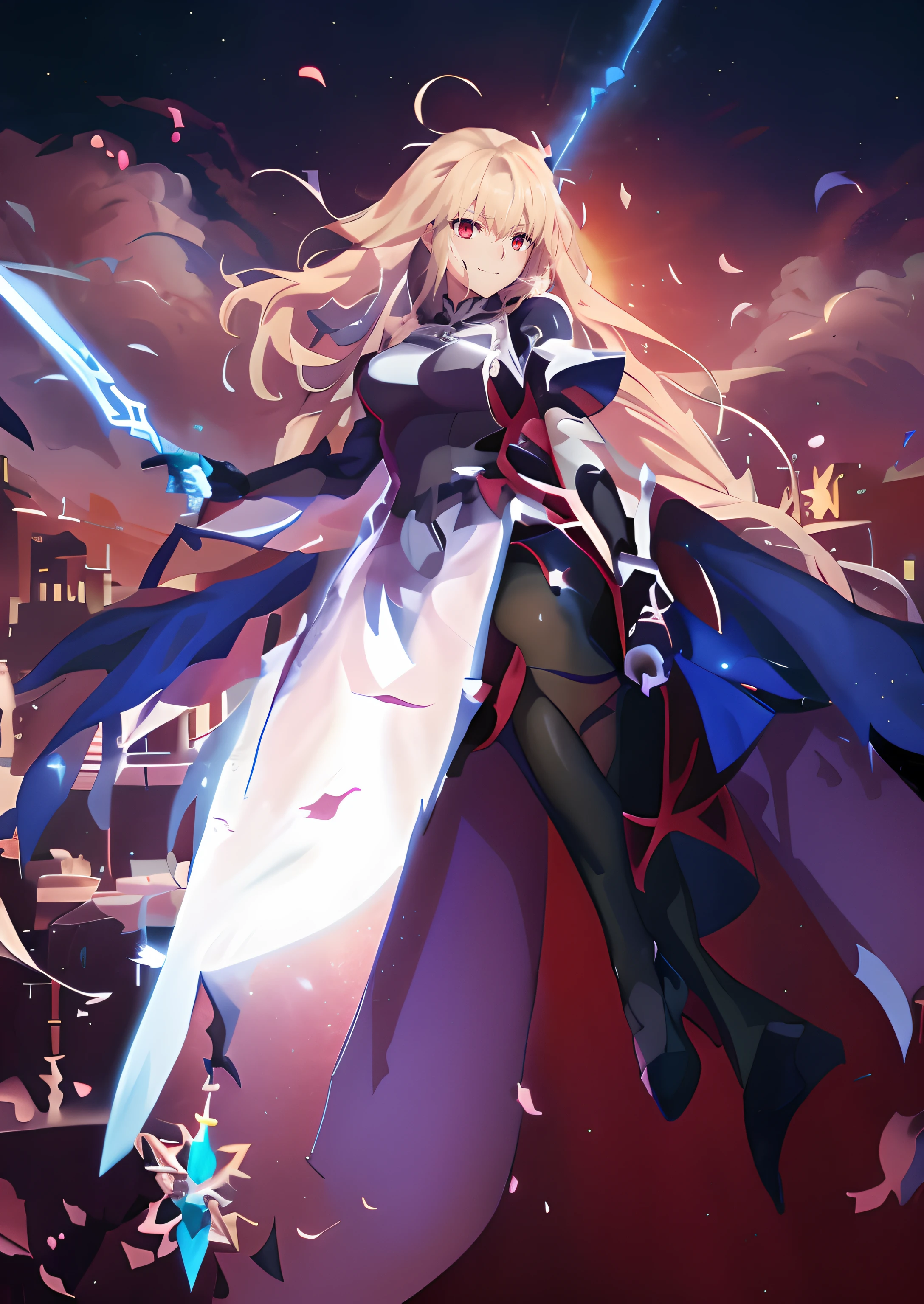 anime girl in a blue dress with a sword in her hand, anime style like fate/Stay Night, Gentle expression、anime goddess, Fate Grand Order, Smiled look、Soft look、made with anime painter studio, epic light novel art cover, ufotable art style, cushart krenz key art feminine, from the azur lane videogame, azur lane style, epic light novel cover art、Full body shot+shoe+Sitting、