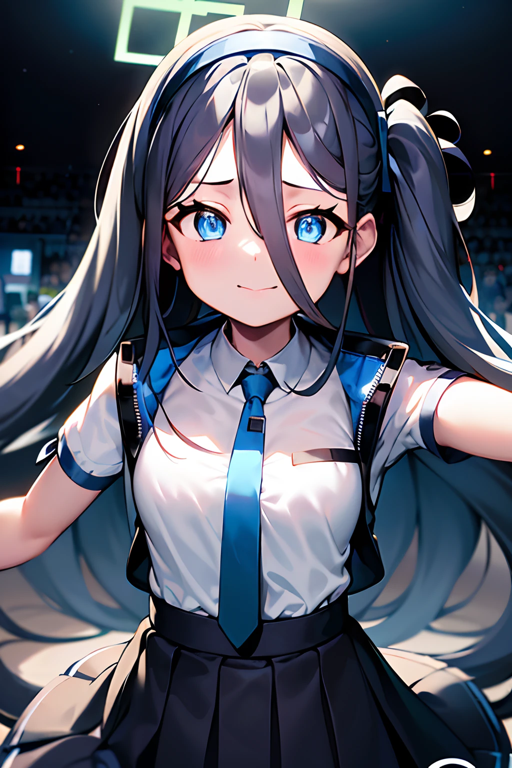 blue archive.Tendo Alice.up chest.large full breasts.(pigtails hair),(length hair),(long bangs),(black hairband),(long court),(student clothes),(White long-sleeved shirt),(pleatedskirt),(Navy blue skirt),blue tie.short stature.fighting stance.